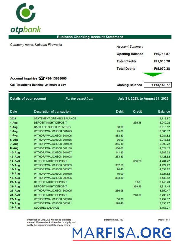 Printable OTP Bank firm statement Word and PDF template